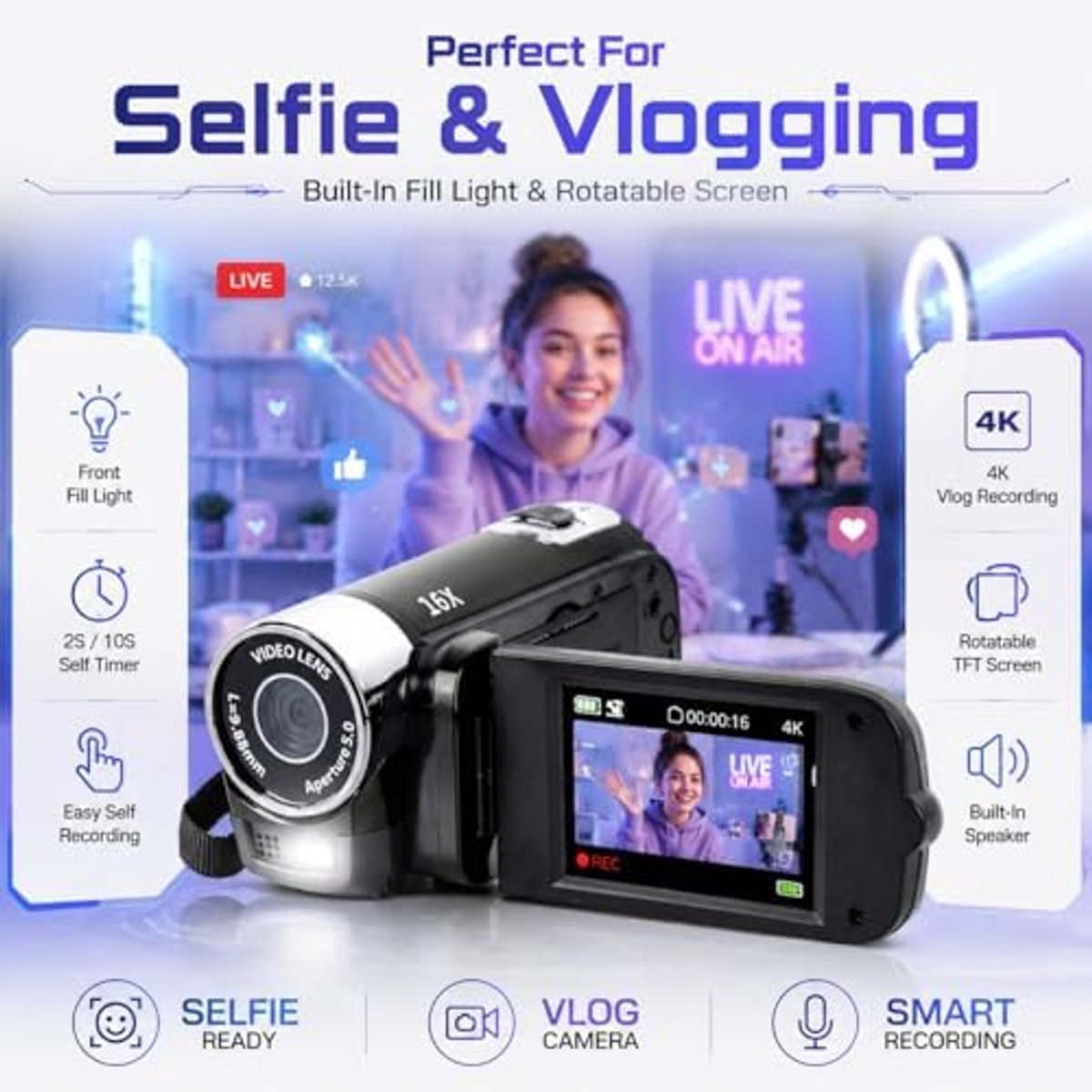 4K Camcorder 48MP – Vintage Videocamera met 16x Zoom, Draaibaar Scherm, Invullicht en Webcamfunctie – Zwart