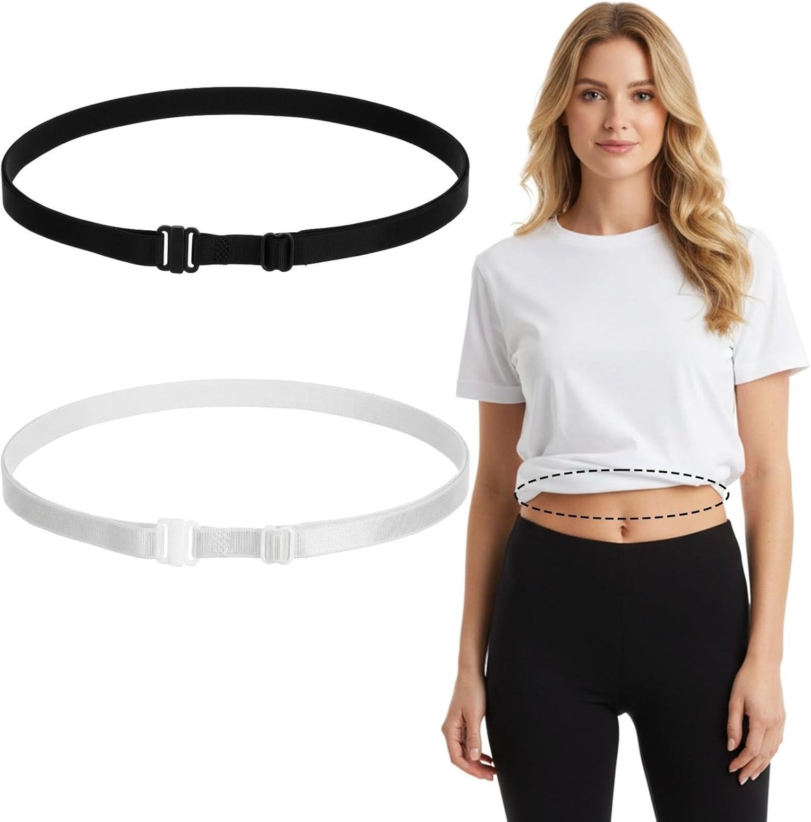 Verstelbare onzichtbare shirtriem voor dames, 2 stuks Tuck Band set in zwart-wit, ideaal voor blouses en jurken