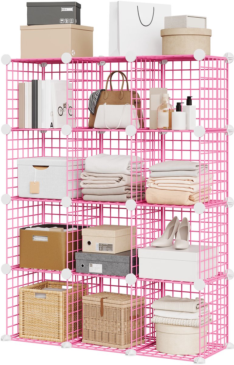 Triumpunpre Opbergrek 12 Vakken – Modulair Grid Rek, Stapelbaar & Ruimtebesparend – voor Schoenen, Kleding, Boeken & Accessoires – Slaapkamer, Hal & Kantoor – 94 x 32 x 125 cm – Roze