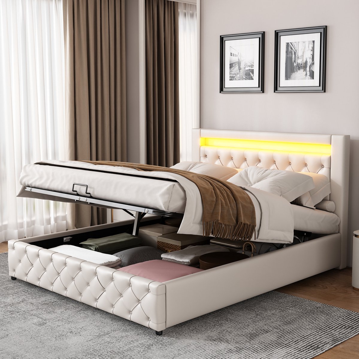 COVREO Bedframe 140x200 cm wit PU, opbergruimte, led, zonder matras