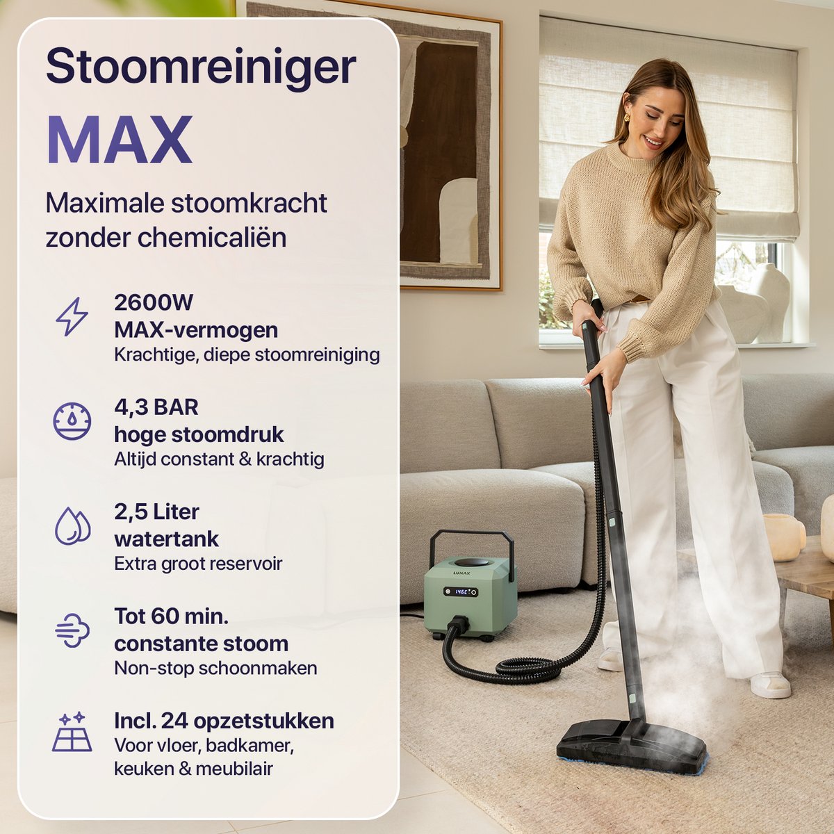 LUMAN Stoomreiniger MAX – 2600W - 60 min Stoomtijd - 2.5L Watertank – Handstoomreiniger & Tapijtreiniger - Groen thumbnail 2