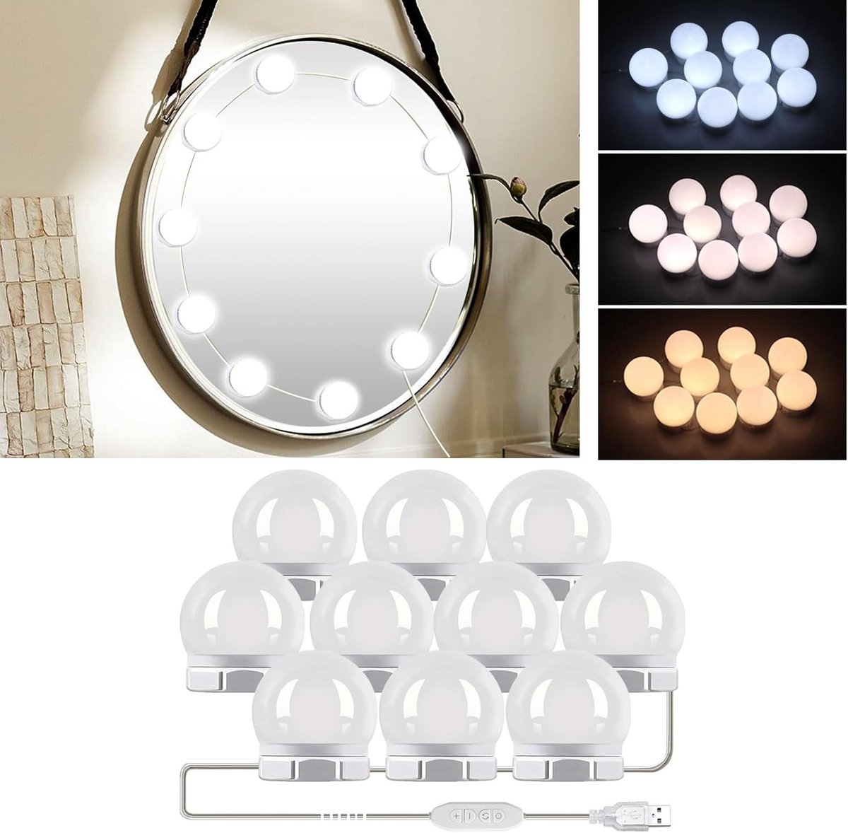 Dimbare LED Spiegelverlichting met 10 Helderheidsniveaus en 3 Kleuren voor Badkamer en Make-up Gebruik