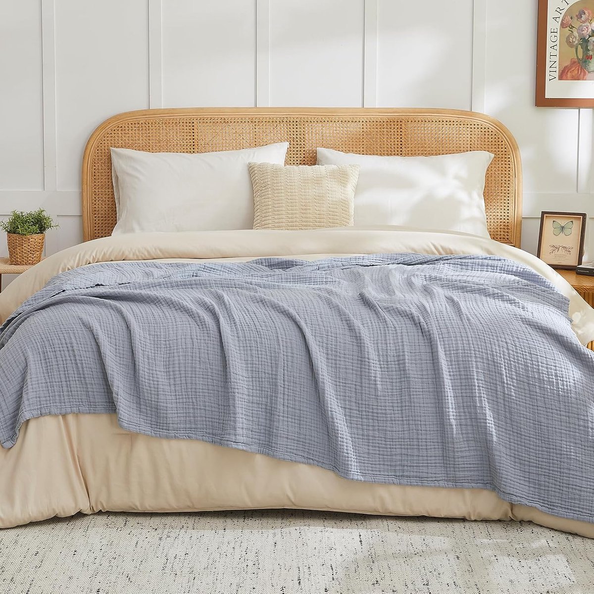 SnelShoppen - EMME Katoenen Deken 228x228 cm, 100% Chiffon, Ademend en Zacht, 6-Laags, Voor Alle Seizoenen, Voorgewassen, Sprei in Blauw/Grijs voor Ba