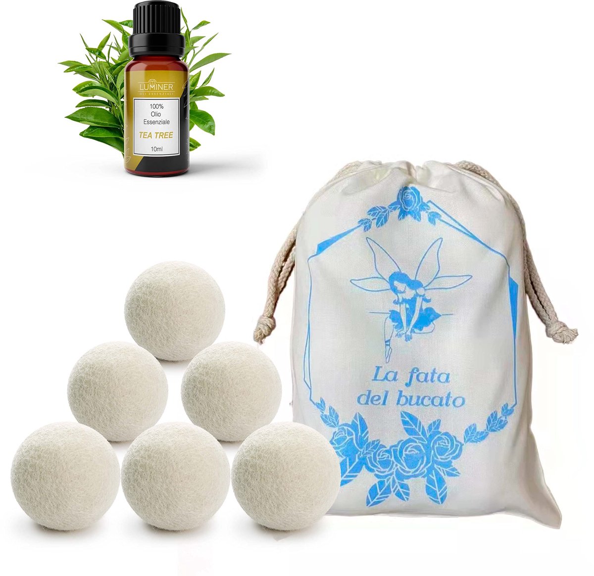 SnelShoppen - Wolballen voor Wasdroger, 6 Stuks, Bescherming tegen Kinken en Vangen van Haar, Essentiële Olie Theeboom, Natuurlijke Wasverzachter voor
