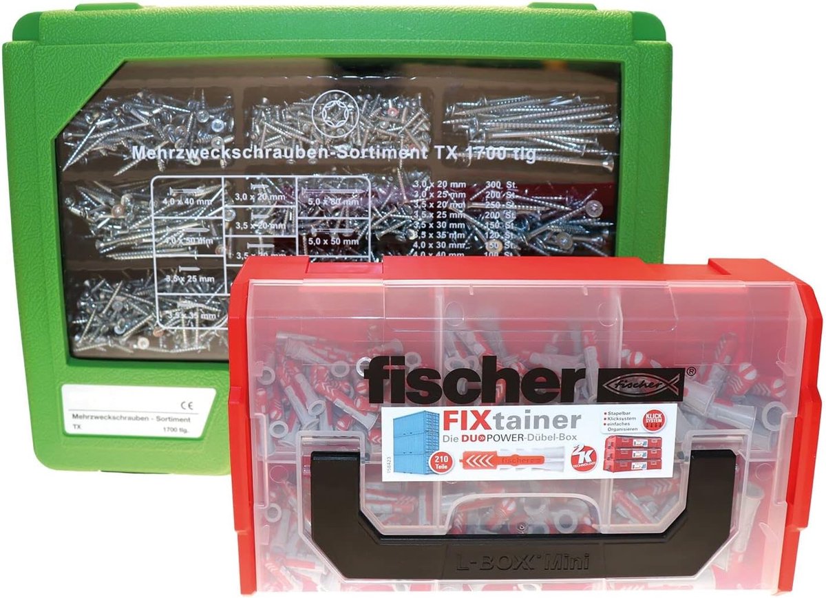 SnelShoppen - Multifunctionele Pluggen en Schroevenset, 1910 Delen in Assortimentskoffer, Groen en Rood, Voor Klussen in Huis, Tuin, en Camping