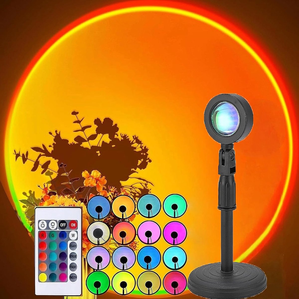 Daity Zonsondergang-projectielamp – Draaibare regenboog-sfeerverlichting (led) – Modern nachtlampje voor op de vloer (USB-voeding) – Geschikt als decoratie voor woon- en slaapkamer (Sunset Red)