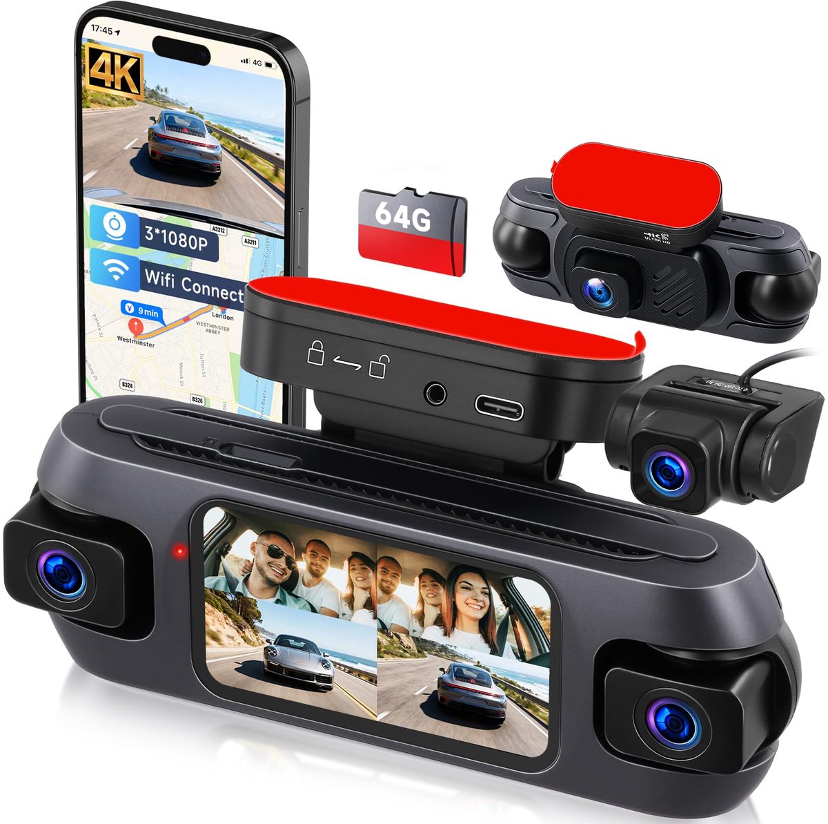 SnelShoppen - 4K Dashcam Auto met Wifi, 4-Kanaals GPS, Nachtzicht, G-sensor, Parkeermodus, Bewegingsdetectie, Achteruitrijhulp + 64G TF-kaart