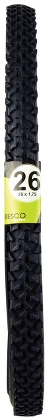 Zwarte Dresco fietsband maat 26 x 1.75 met grof profiel, staand op de kop.