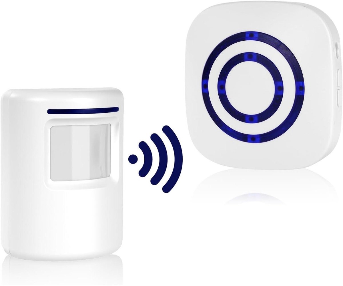 GELLDG 2 Stuks Bewegingsmelder - Draadloze Deurbel Set - 38 Melodieën 3 Volumes Blauwe LED - Geschikt voor Binnen Buiten Gebruik - ABS Materiaal - Ontvanger 75x80x33mm Zender 80x59x45mm - 50-100m Bereik USB Oplaadbaar