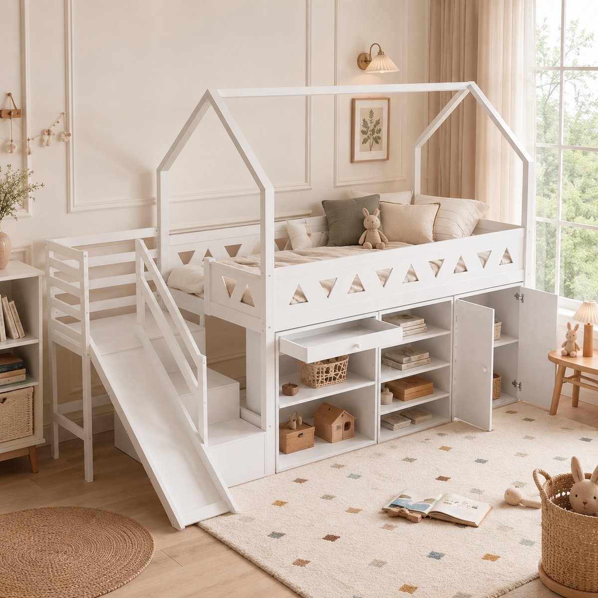 Kinderbed 90x200 cm - Houten Hoogslaper met Glijbaan, Trap, Opberglades en Kast - Wit