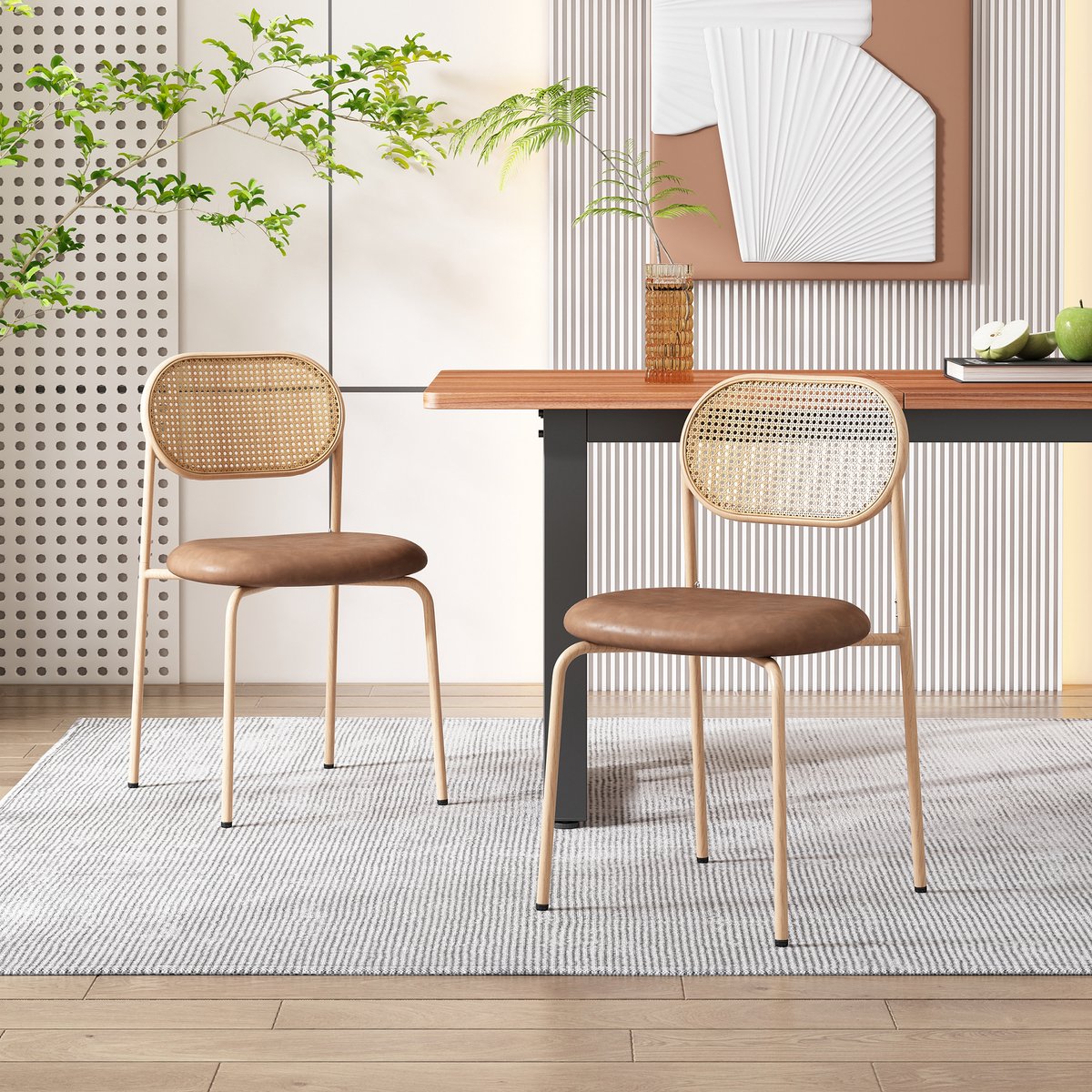 Set van 2 eetkamerstoelen, moderne, eenvoudige loungestoelen met vier metalen poten, rotan loungestoelen, woonkamer- en slaapkamerstoelen, Beige
