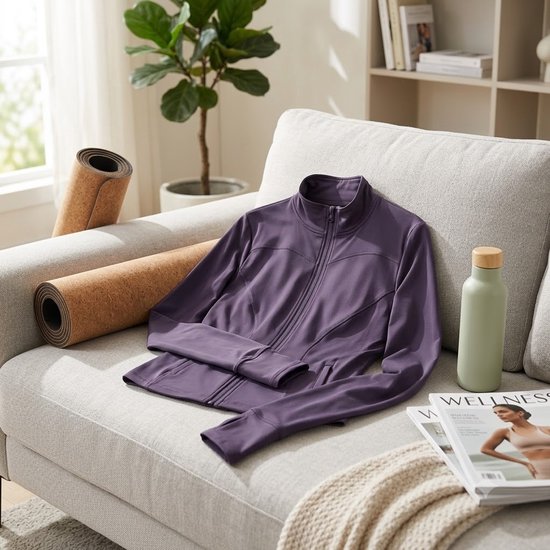 Donker paarse sport jas dames slim fit volledige rits fitness jas yoga jas pilates trui hardloop jas met duim gaten hoge kraag aansluitend model lange mouwen euro maat M — afbeelding 5