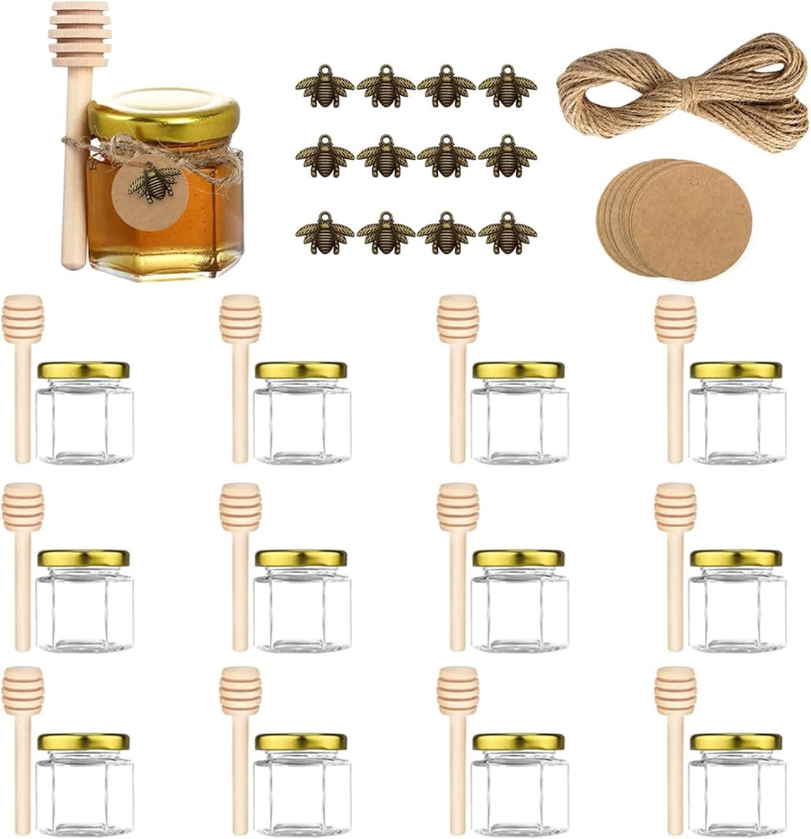 Set van 12 Hexagonale Mini Glazen Honingpotjes 45ml met Gouden Deksel, Houten Lepels en Kraft Papier Labels voor Cadeaus en Bruiloften