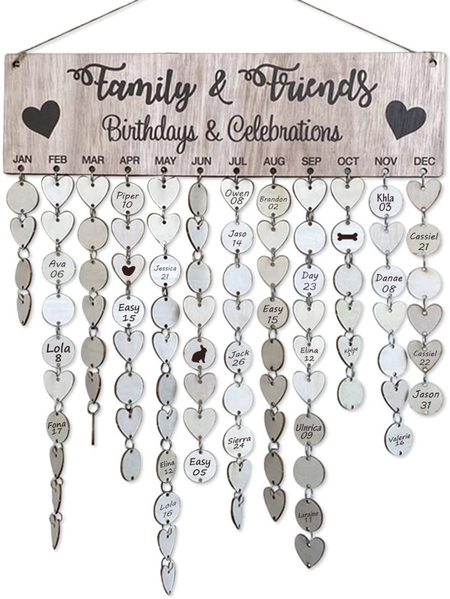 SnelShoppen - Familievieringen Herinneringskalender - Verjaardagsherinnering Plaquette met 50 Ronde Schijven en 50 Harttags - DIY Houten Kalender Wand