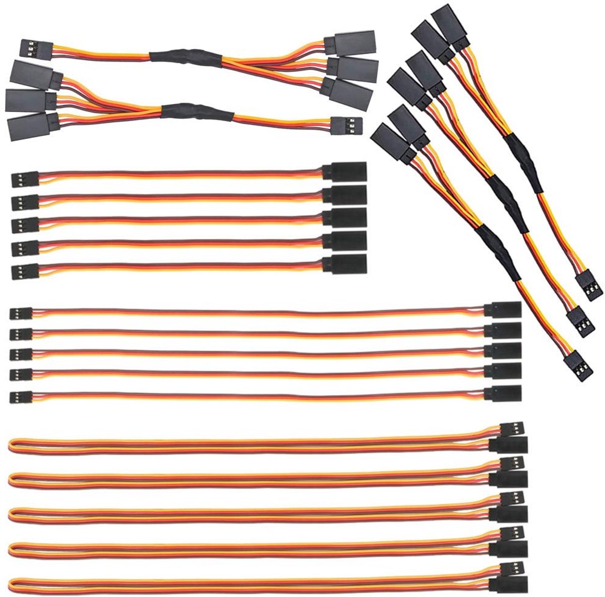 20 Stuks JR Style Servo Verlengkabels en Splitters voor RC Vliegtuigen en Modellen, Inclusief 4", 6" en 12" Kabels en Y-Harnesses