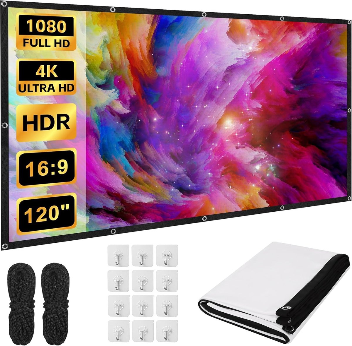 Vouwbaar Projectiescherm 300 cm 16:9 HD 4K voor Binnen en Buiten, Wasbaar en Draagbaar voor Thuisbioscoop, Scholen en Kamperen