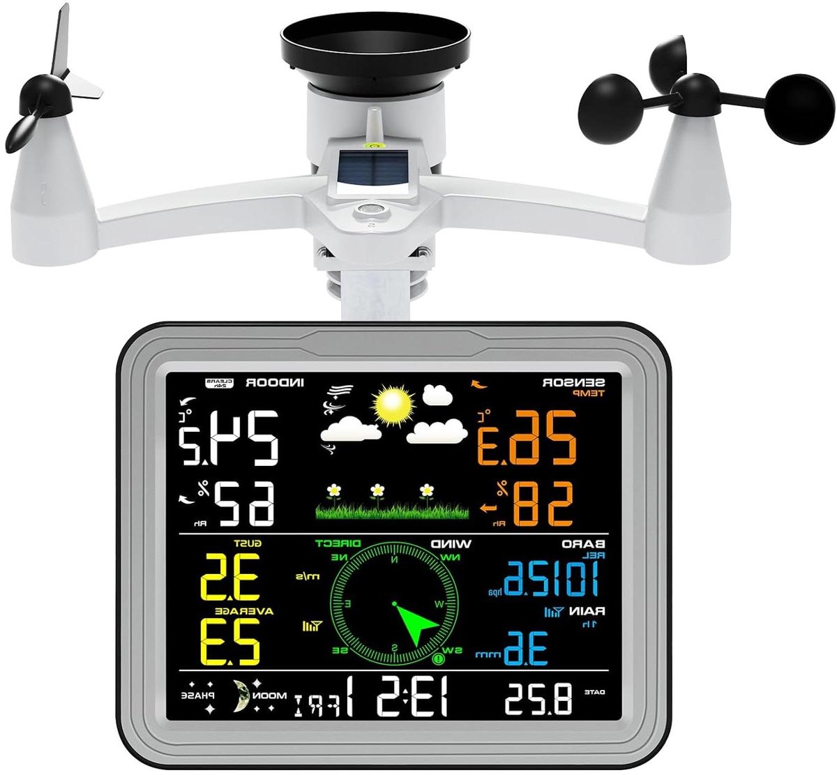 Weerstation Buiten - Weer Meetstation - Weersvoorspelling Binnen - 7-in-1 Sensor - 100m Bereik - Grijs