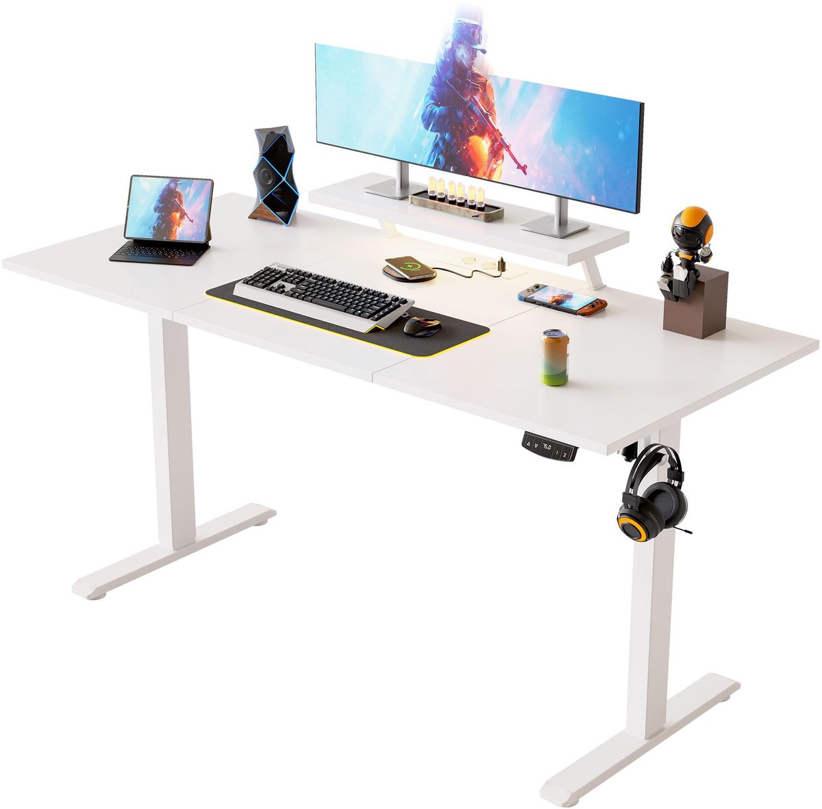 SnelShoppen - Elektrisch Hoogteverstelbaar Bureau 120x80 cm met LED en Stopcontacten, Zit-Sta Bureau, Bewegelijke Monitorstandaard, Wit, Perfect voor