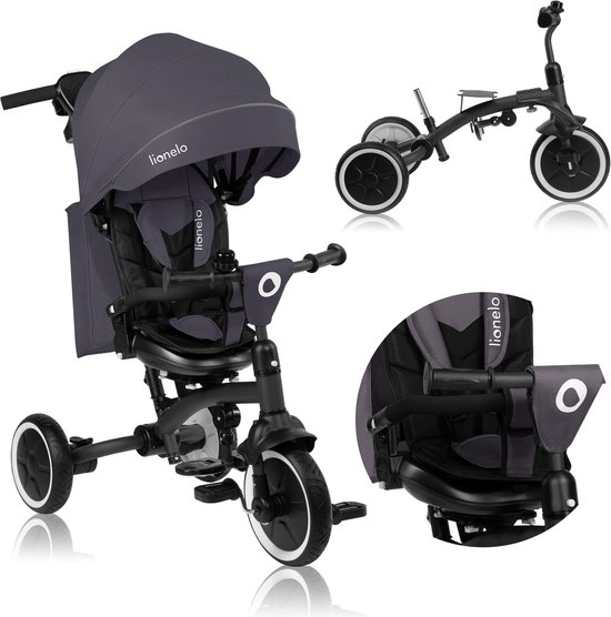 Tricycle gris 'Lionelo' avec capote, barre de poussée et barre de sécurité, avec inserts montrant le guidon et le siège.