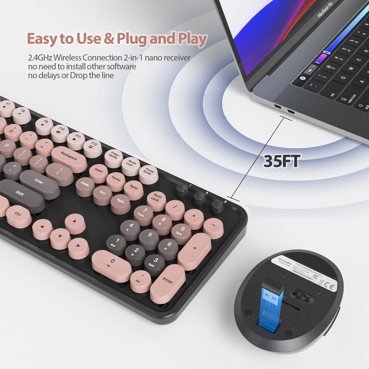 SnelShoppen - Draadloos Toetsenbord en Muis Set, Retro Typemachine Toetsenbord met Ronde Toetsen, 2.4GHz Ergonomisch met Numeriek Keypad, 104-Toetsen thumbnail 5