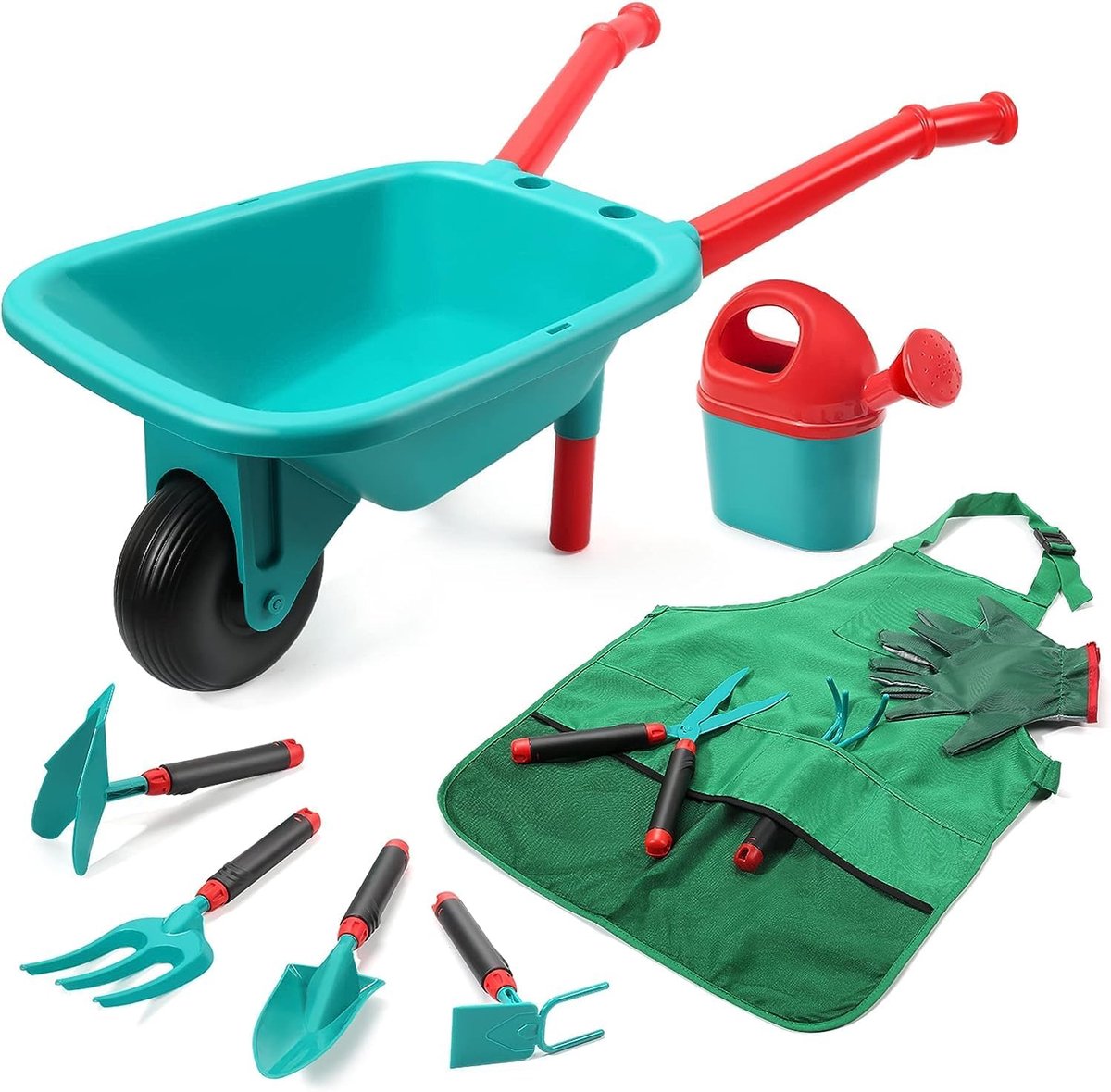 SnelShoppen - Kruiwagen voor Kinderen met Tuingereedschapsset, Inclusief Handschoenen, Handhark, Schep, Dubbele Schoffel, Tuinspeelgoed voor Binnen en