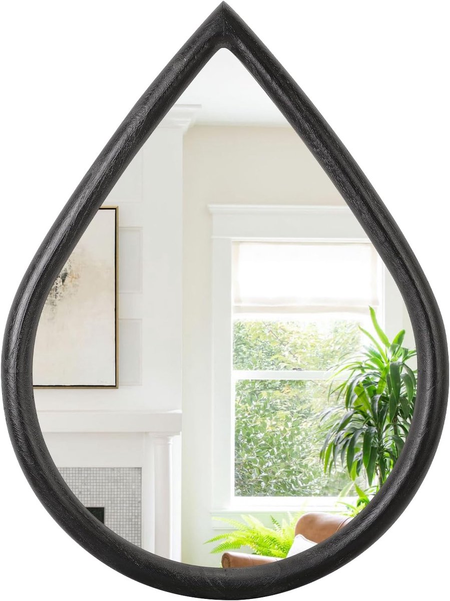SnelShoppen - Zwarte druppelvormige wandspiegel met houten frame 65 x 45 cm, rustieke boerderijstijl, unieke onregelmatige hangspiegel voor badkamer,