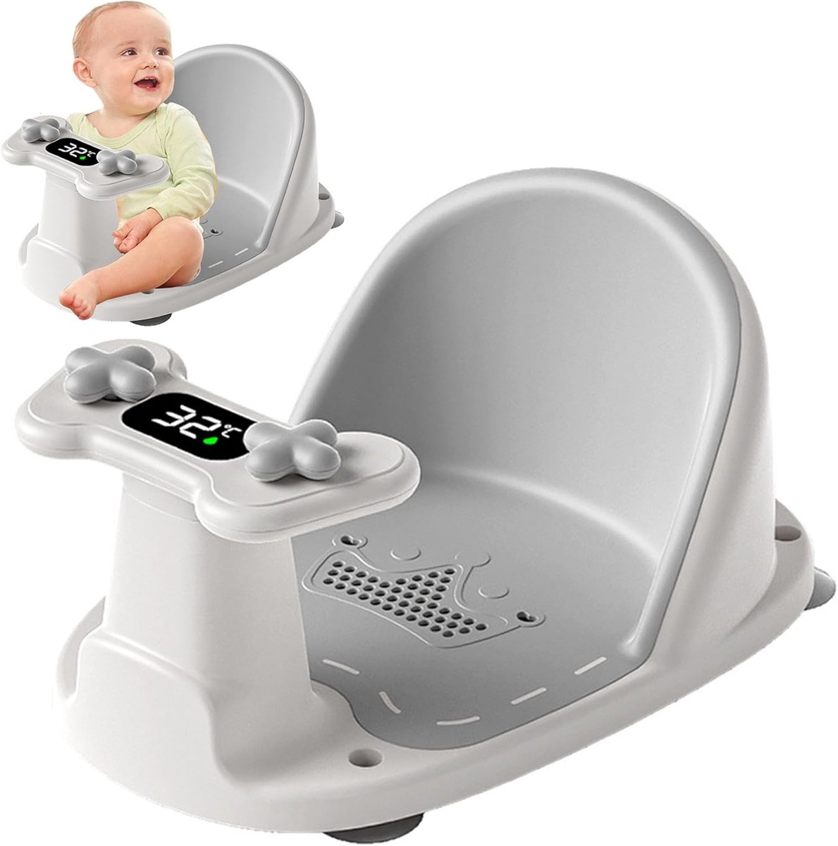 SnelShoppen - MZSX Babybadzitje met Temperatuursensor, Antislip Peuterbadzitje met 4 Zuignappen, Zacht Kussen, Ideaal voor Douche en Bad voor Kinderen