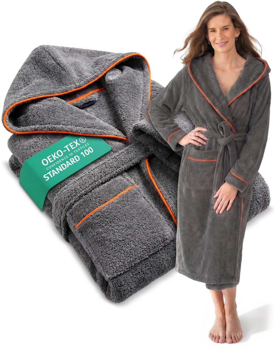 SnelShoppen - Dames Badjas met Capuchon - Extra Zachte Frottee Katoenen Sauna Badjas - Lange Badjas M - OEKO-TEX Gecertificeerd - Comfortabel voor Thu