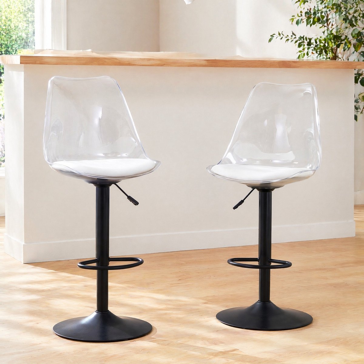 MEUNIQ barkruk set van 2 verstelbaar 360° draaibaar met transparante rugleuning, witte kunstleren zitting en zwarte metalen basis voor keuken of bar