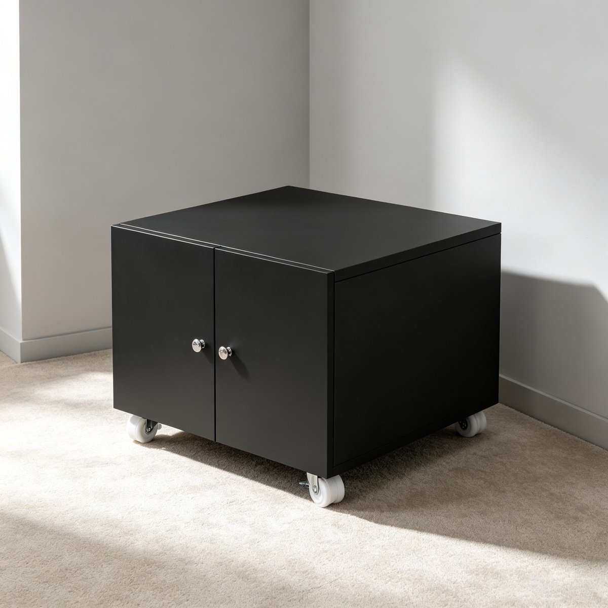 Zwarte metalen printerkast op wielen 60×60×45 cm met kastdeuren en verstelbare planken Compact kantoormeubel voor het opbergen van documenten en printers zodat uw bureau opgeruimd blijft