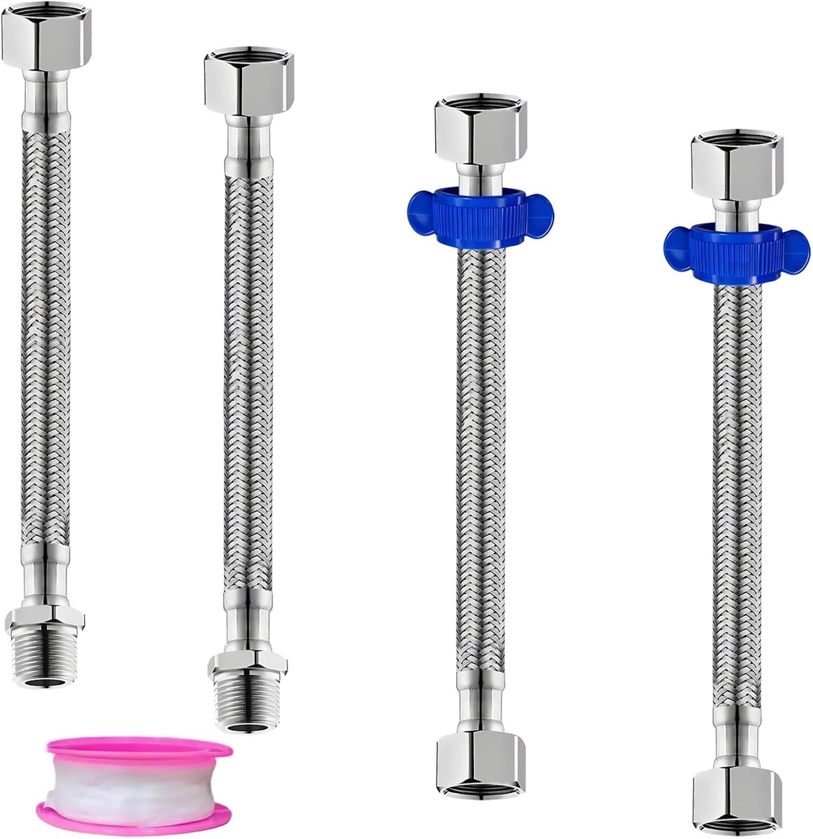 4 stuks 304 roestvrijstalen pantserslang, AG 3/8 inch x IG 1/2 inch aansluitslang en AG/IG 1/2 inch flexibele slangverlenging, voor kranen, badkamer-toilet (zilver/20 cm)
