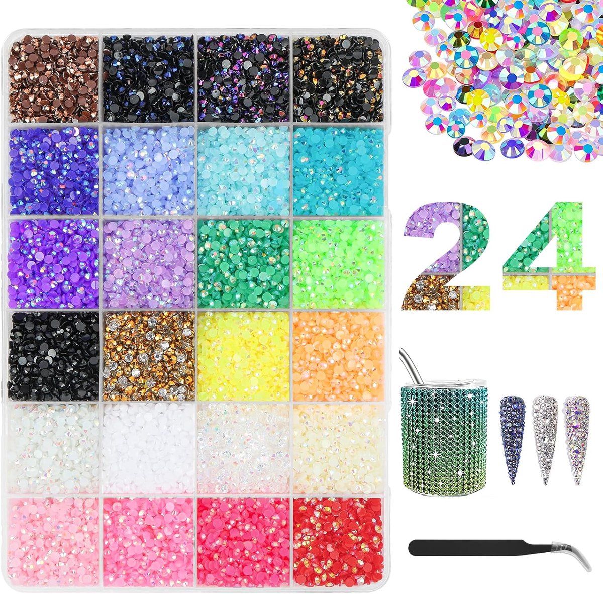 24 kleuren strass-nagelkunst, 24000 stenen, 3 mm, sieraden, nagelkunst, met tang, glanzend, nageldecoratie voor nagels, kleding, schoenen, telefoonhoesjes en haarklemmen