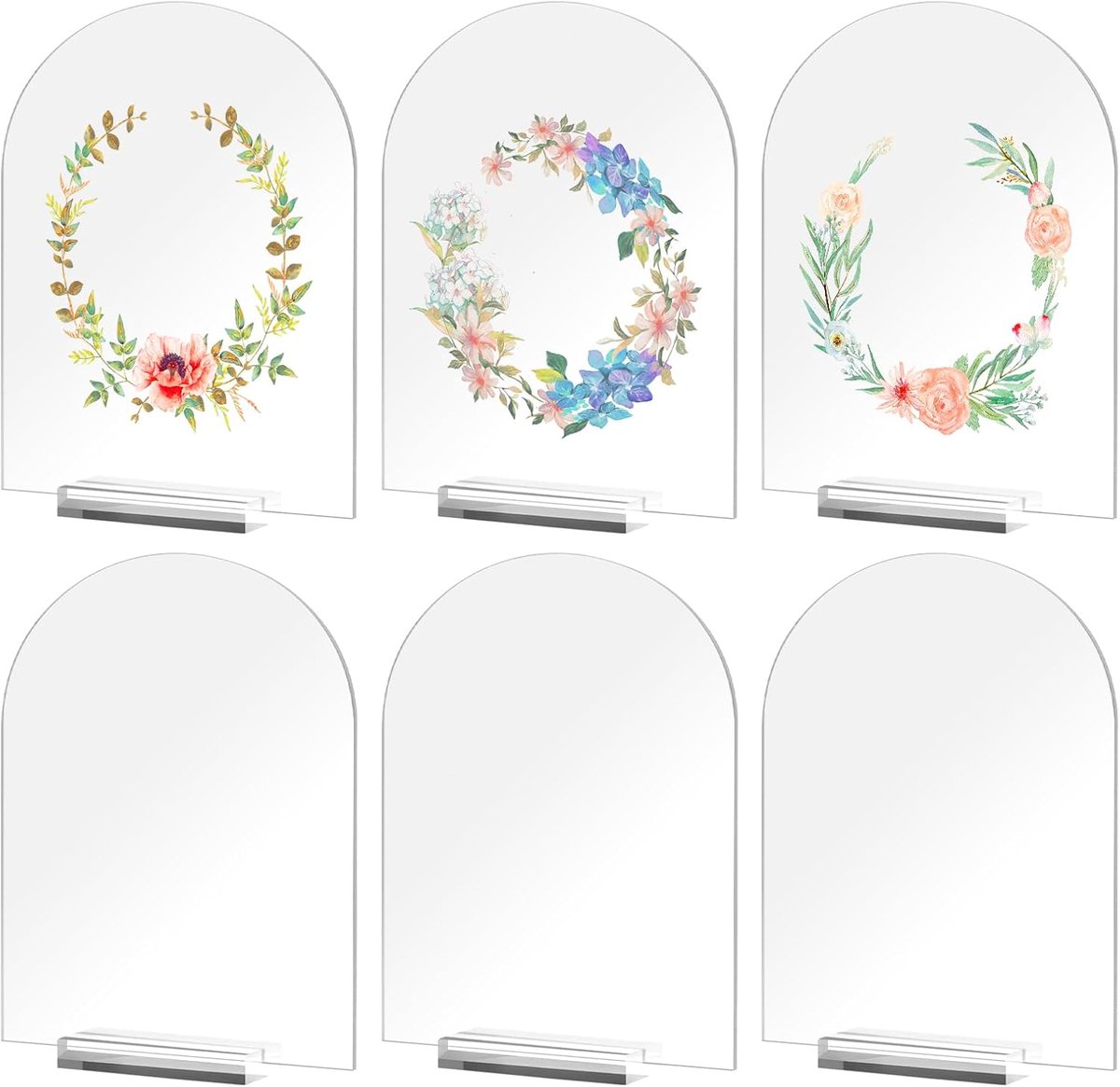 6 stuks doorzichtige boog acrylplaat, transparante tafelnummers kaarten met houder basis, herbruikbaar trouwbord voor decoratie, feest, jubileum