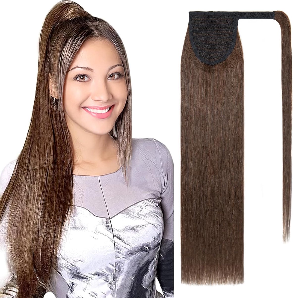 Paardenstaart, haarstukje, extensies, vlecht, 50 cm, clip-in extensies, echt haar, lang, glad, echt haar, Remy, donker chocoladebruin, 95 g