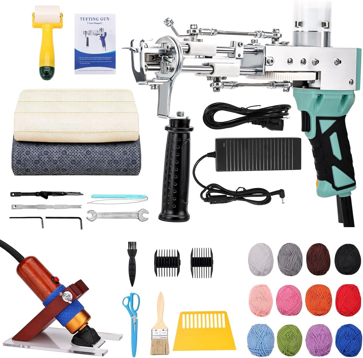 Tuften Gun Kit met Tapijt Trimmer Kit, Anti-Slip Tapijt Gun met Digitale Snelheidsweergave, Tuften Machine met Tuften Doek|Garen|Kitroller|Borstel|Schraper|Stempel Groen