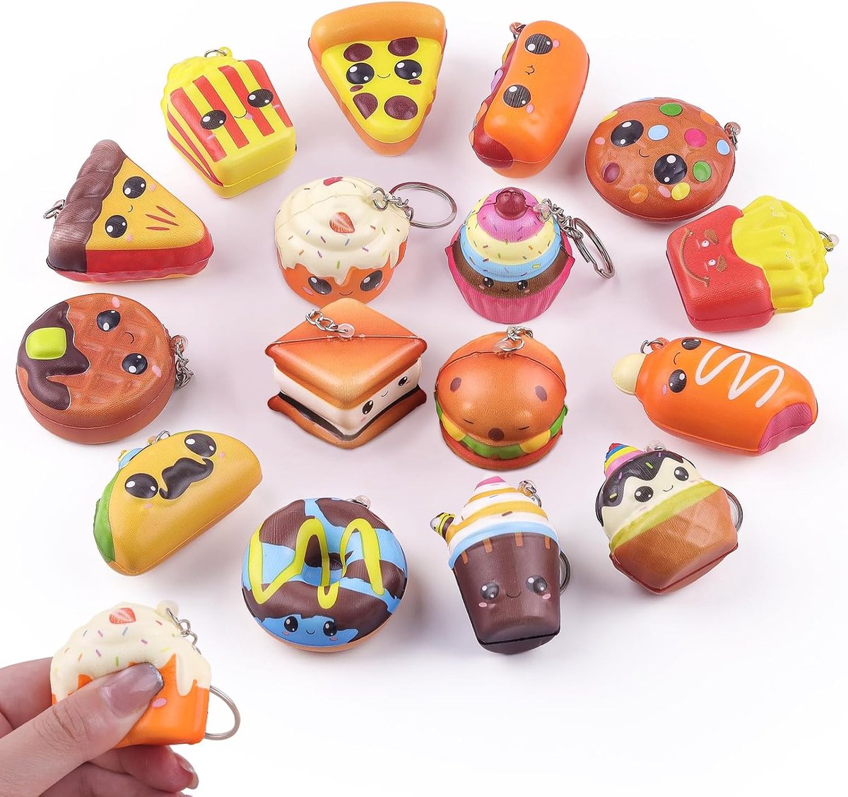 Mini Voedsel Squishies Speelgoed - 16 Stuks Zachte Kawaii Fast Food Knijp Stressverlichting Sensorisch Speelgoed voor Kinderen, Langzaam Terugverende Sleutelhangers Fidget Toys voor Feestzakjes