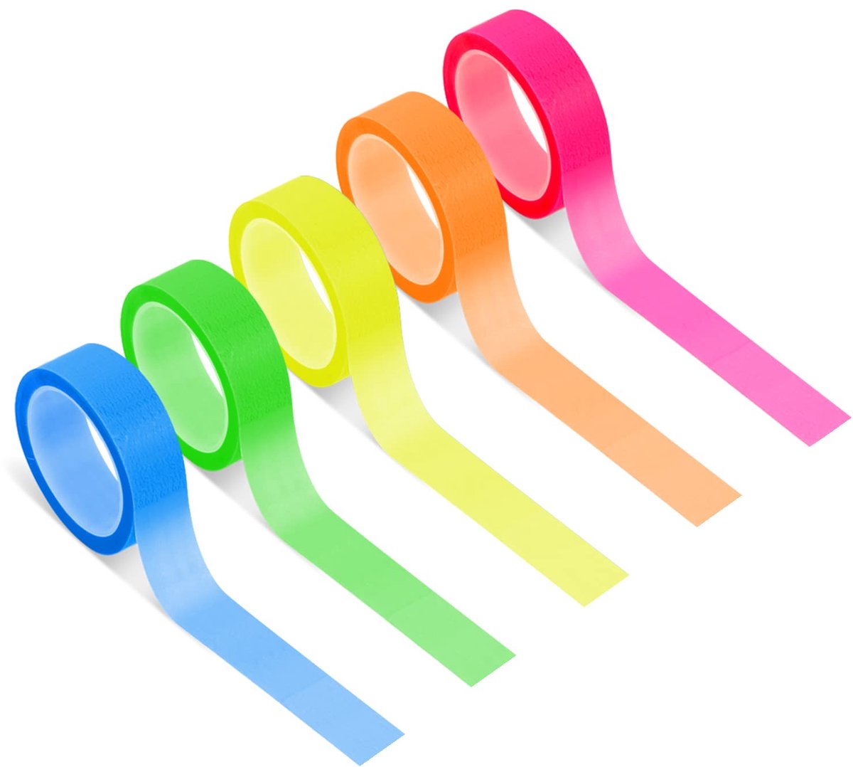 5 Rollen Fluorescerende Tape, Verwijderbaar, Neon Tape Transparante Markeringssticker Gekleurde Tape voor Studenten Leraren Boeken Markeren Lezen Thuis Kantoor (12mmx5m,fluorescerende kleur)