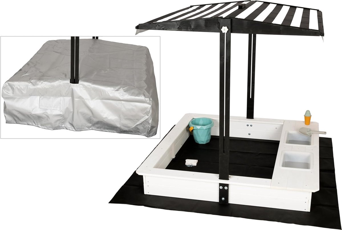 zandbak met modderkeuken, dak, 420D Oxford-deken, vilt, zandbak van hout, vierkant, afsluitbaar, voor buiten, tuin, voor kinderen, zwart/wit