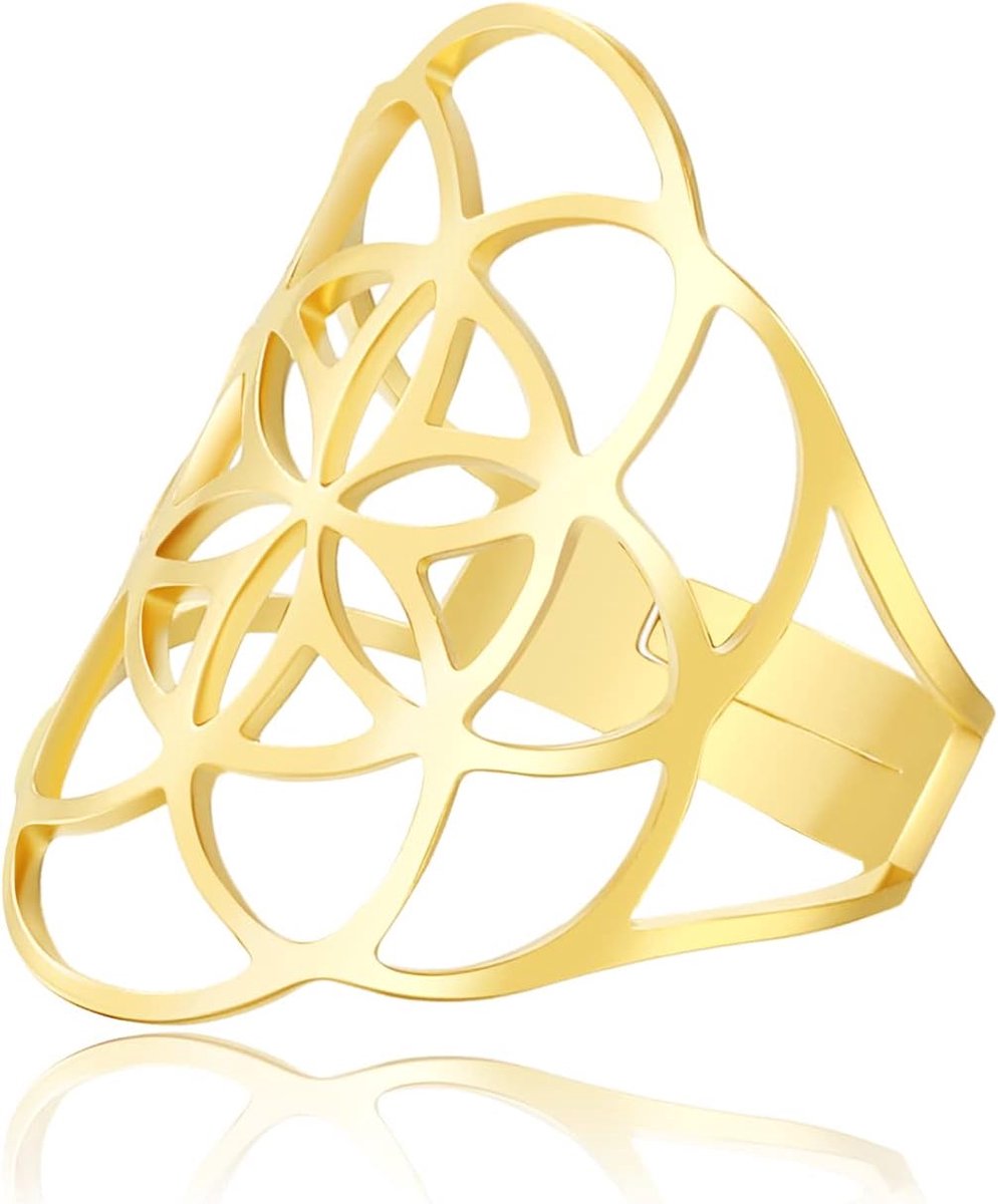 Damesring met motief "Metatron", voor meisjes, roestvrij staal, heilig, aartsengelring, hol, bloem van het leven, sieraden, cadeau, Metaal