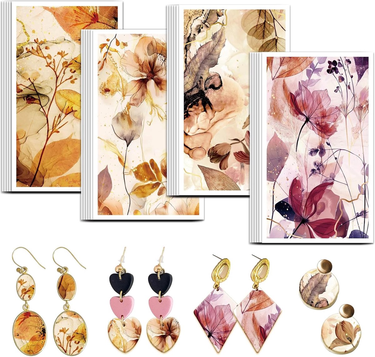 Bohemen Transfer Papier Voor Polymeer Klei - 4 Ontwerp 24 Stuks Met Abstracte Bloem en Plant Patronen Voor Oorbellen Sieraden