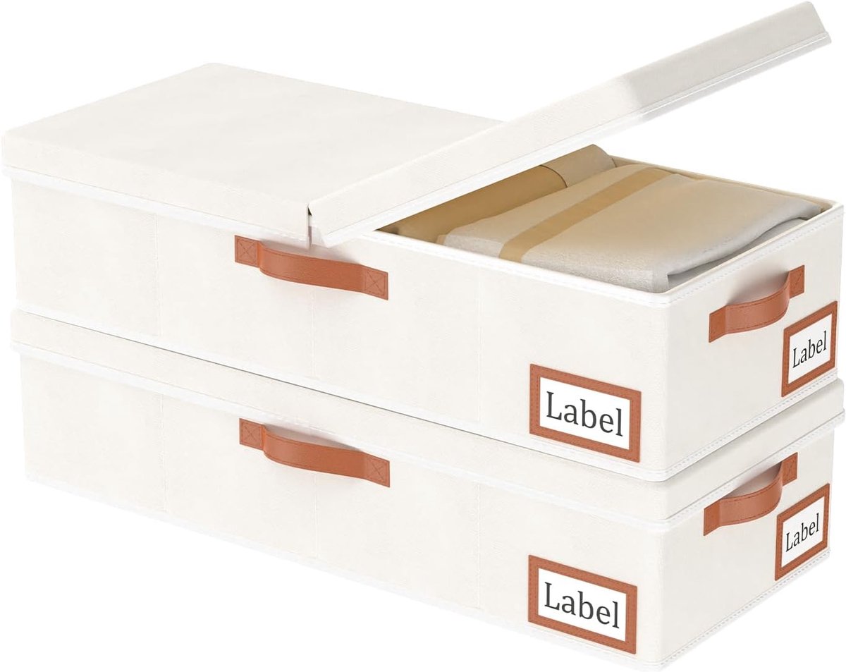 Opvouwbare Opbergmand voor Onder Het Bed met Deksel, Opbergtas Commode met Duurzame Handgrepen en Afneembare deksel, voor Kleding, Schoenen, 2-Pack, 60x30x15cm，Beige