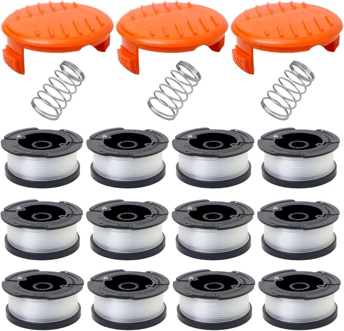 Spoelen, compatibel met Black & Decker grastrimmer, Ø 1,65 mm, 10 m trimmerspoel, bevat 12 reserve trimmerspoelen, 3 reservespoelafdekking en 3 reserveveren