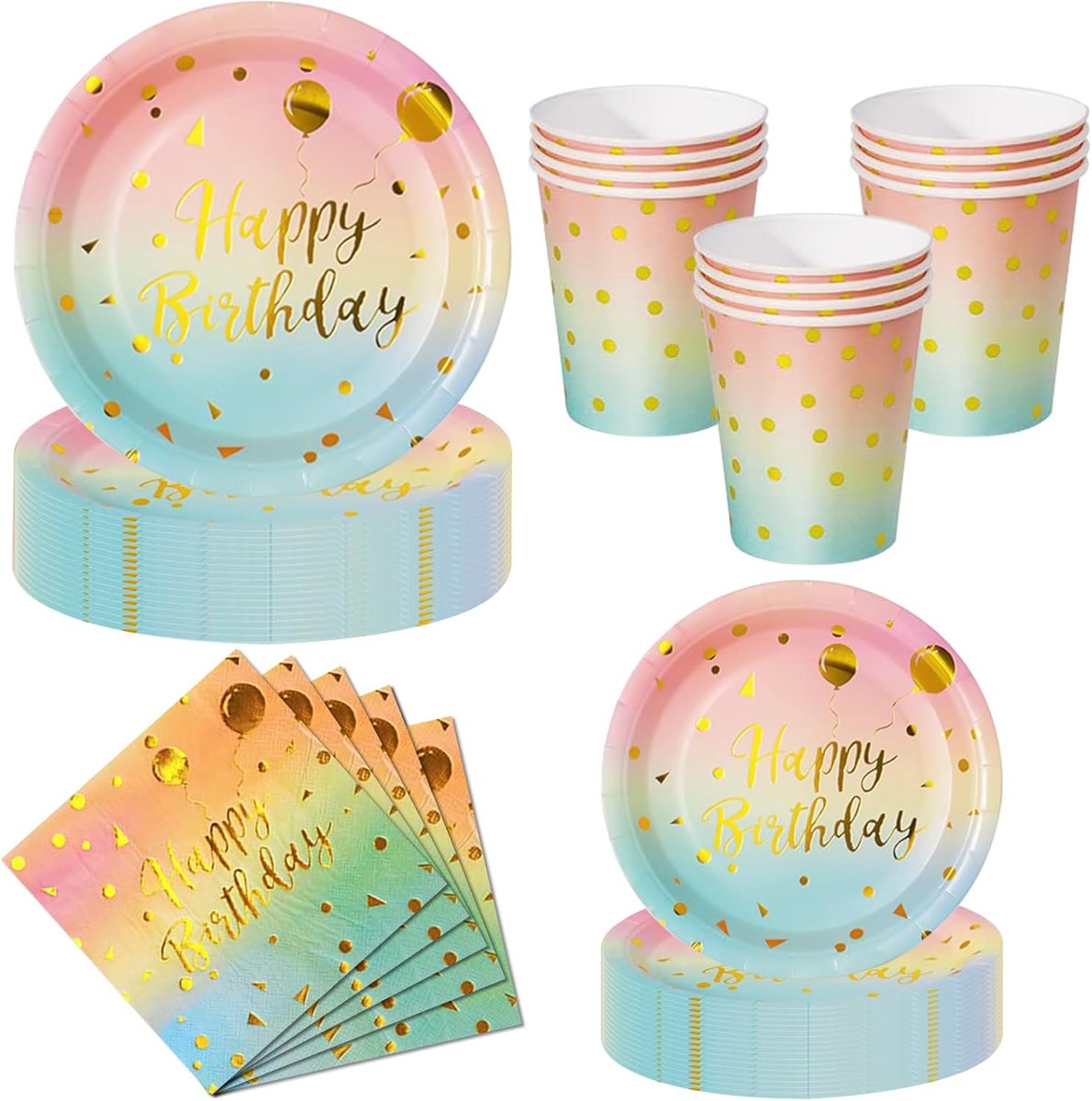 Feest Servies voor Kinderfeestjes, 50 Stuks Regenboog Goud Verjaardag Kartonnen Servies Set - met Wegwerp Kartonnen Borden, Servetten & Bekers - Wegwerpservies voor Verjaardagsdecoratie
