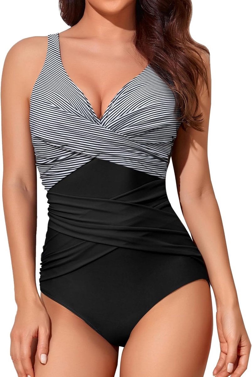 Badpak voor dames, buikcorrigerend, afslankend, push-up, schuimvulling, ruches, retrostijl, vintage