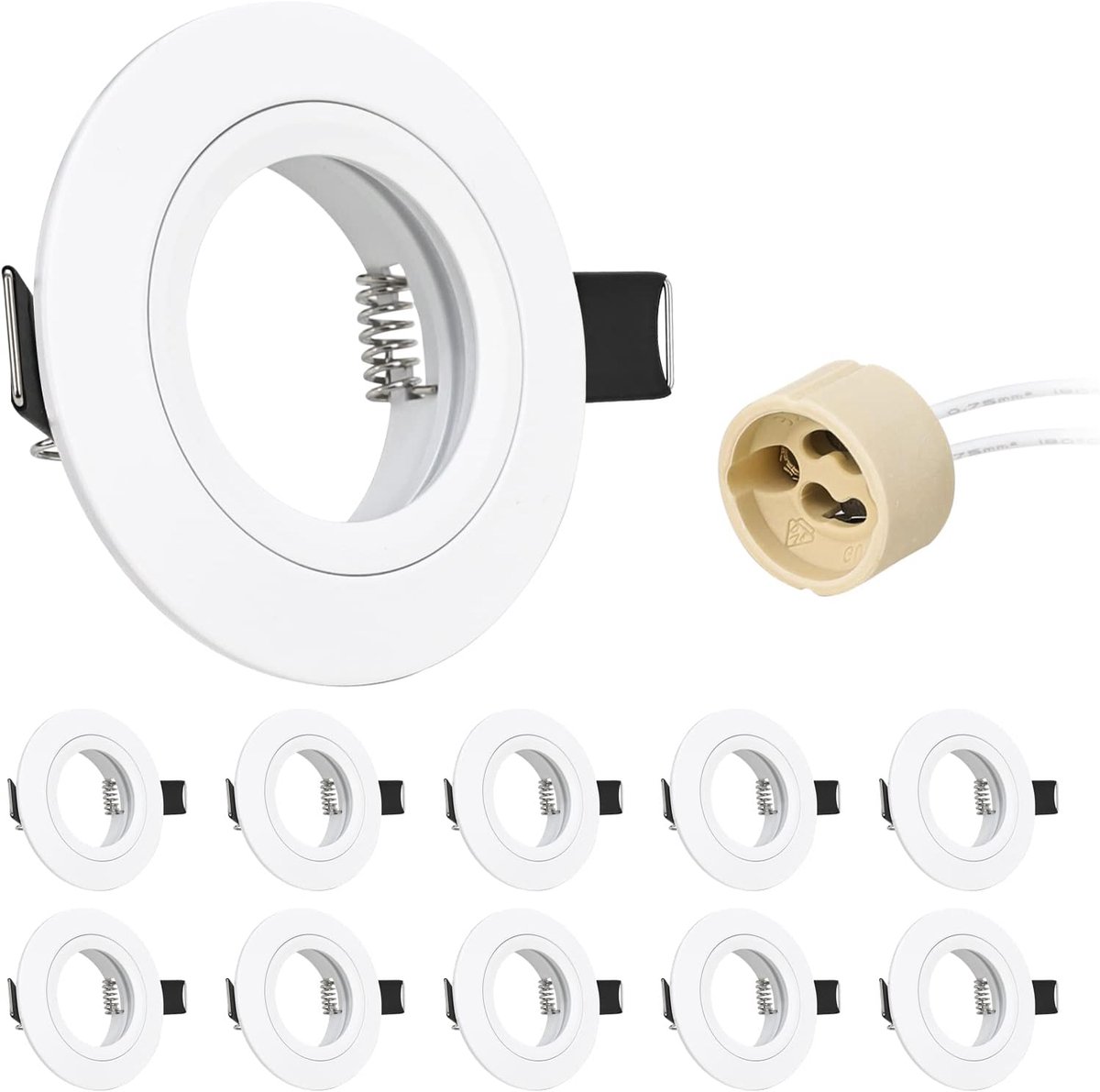 10x Spot Encastrable GU10 Aluminium blanc, Projecteurs Cadre De Montage Avec Douille GU10, Rond Support Spot Encastrable extra plat Plafond Pour Lampes LED Ou Halogènes, Trou de montage ø65mm