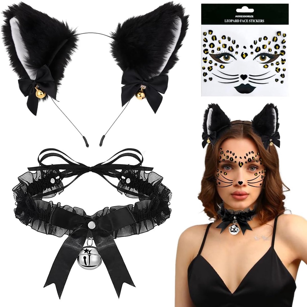 Kattenkostuum voor dames, kattenoren, haarband + belletje-halsketting + tattoo-gezicht, kattenkostuum accessoires, dierenkostuum voor carnaval, Halloween, cosplay, feest