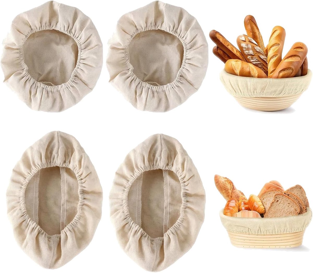 linnen afdekhoezen set 4 stuks – rond en ovaal – 25 cm & 28 cm – herbruikbare doek voor rijsmand – brooddeeg afdekken – ideaal voor thuisbakken