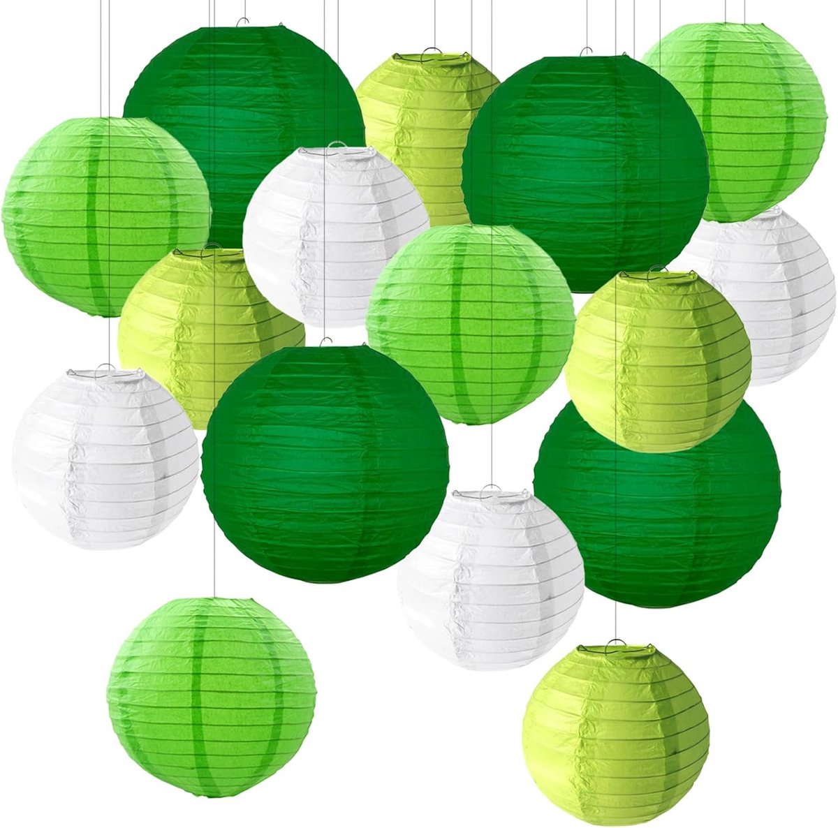 16 Stuks Papieren Lantaarns, Feestdecoraties, Witte en Groene Hangende Lantaarns Voor Groene Boho Bruiloftsfeest, Verjaardag