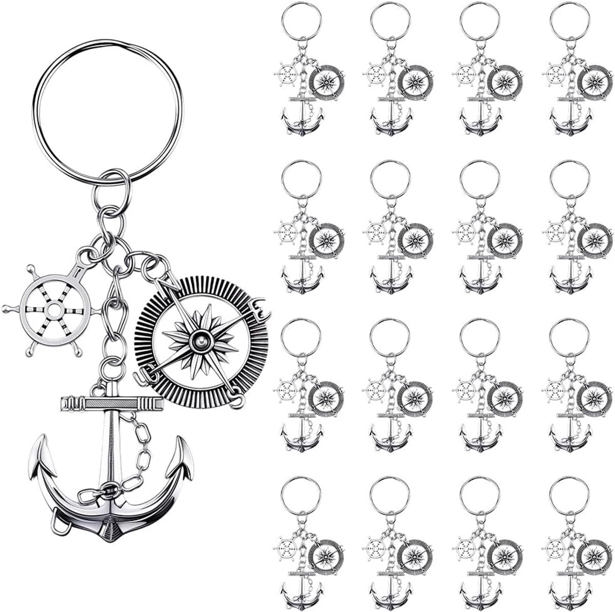 1 Doos 20 Stuks Nautische Sleutelhanger Bulk Anker Sleutelhangers Bulk Antieke Zilveren Legering Oceaan Thema Schip Wiel Sleutelhanger voor Feest Gunsten Bruiloft Gunsten Handtas Decoraties