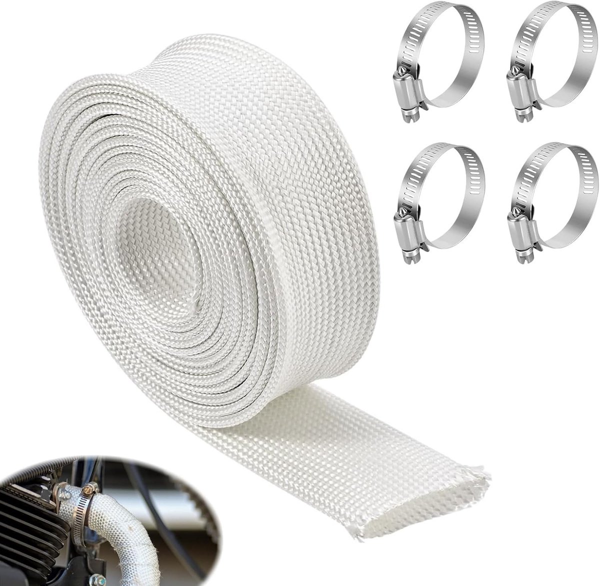 Hittebestendige uitlaatslang voor generatoren, 25 mm, glasvezel, isolatie, inclusief 4 klemmen voor optimale bescherming